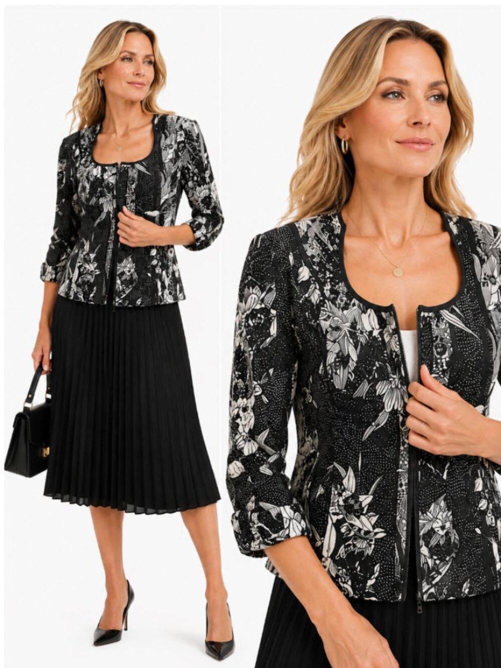 Joseph Ribkoff Black and White Floral Zip Front Jacket